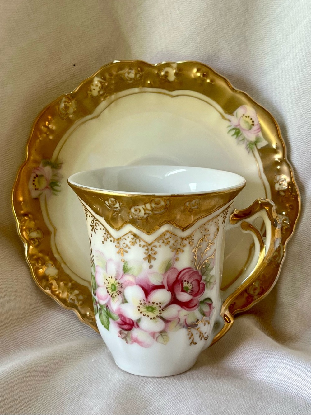 Vintage Victorian Ardco Chocolate Cup Saucer Set Hand Painted Floral Gold Trim